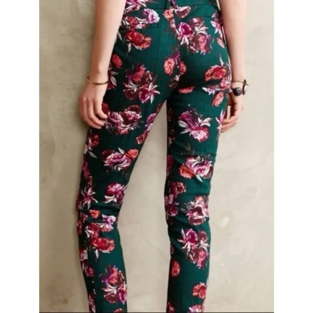 Anthropologie Cartonnier Floral Charlie Trouser Ankle Pants Green Womens 8 FLAW